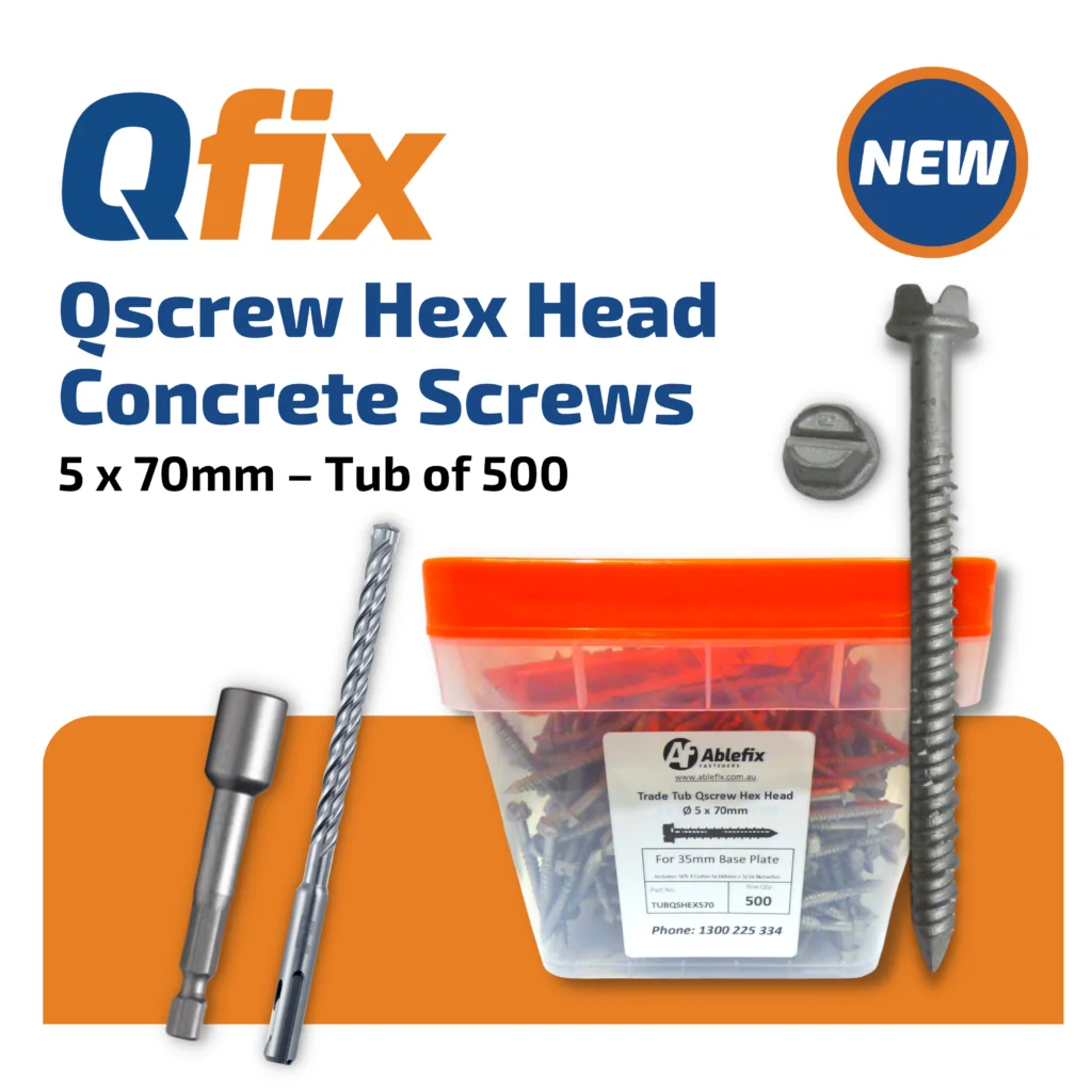 Trade Tub Qscrew Hex Head Concrete Screws 5 x 70mm - Tub of 500 | Ablefix